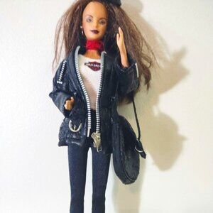 Harley Davidson brunette Barbie doll with helmets & satchel